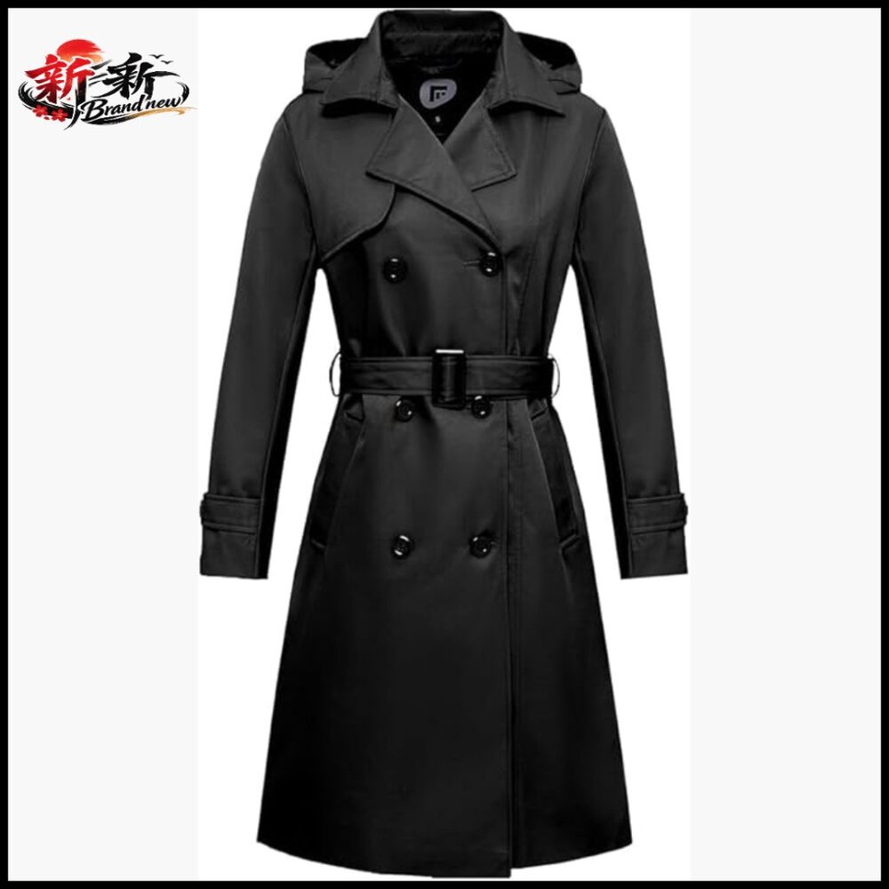 Waterproof Long Trench Coat with Detachable Hood and Belt